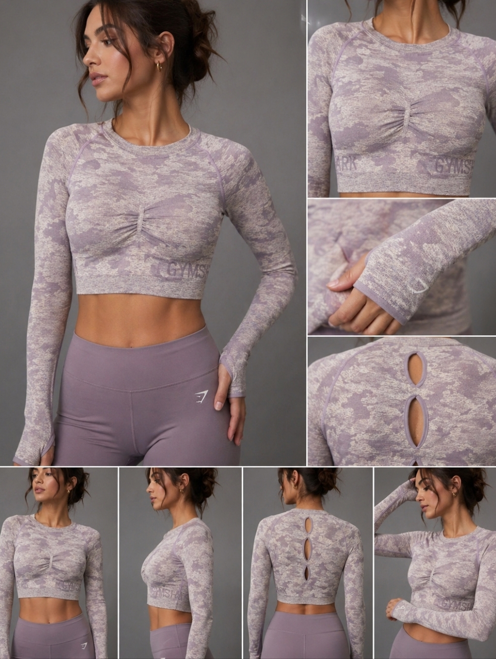 Gymshark Cropped Lavender Camo Long-Sleeve Active Top Small